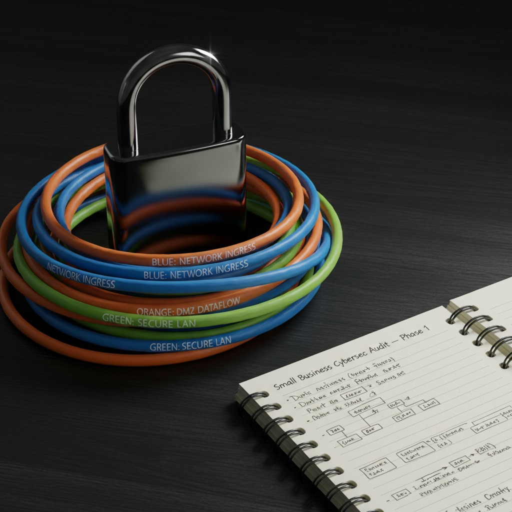 A closed padlock on top of four colorful cables with white text and a notebook beside it, with contents like a TO DO list ...