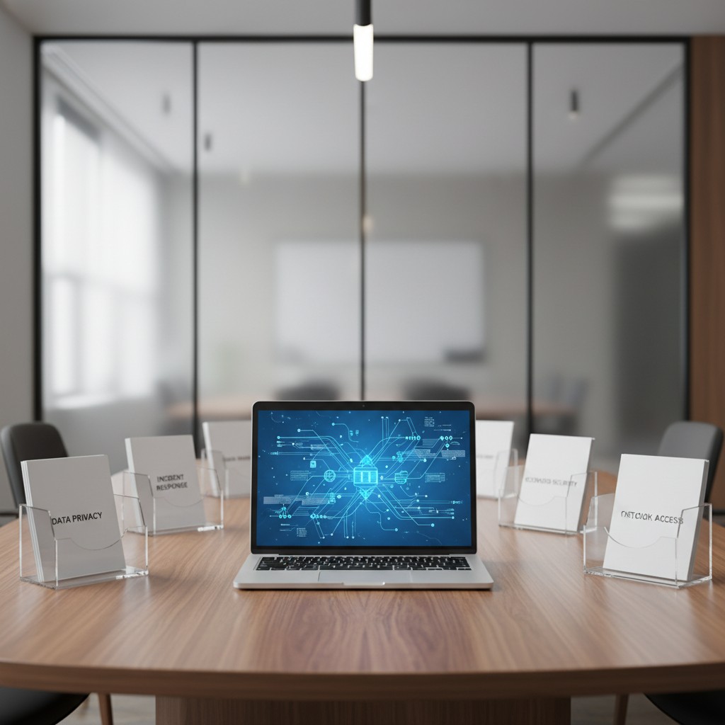 A laptop on a table surrounded by data privacy, incident response, network security, and customer access items.