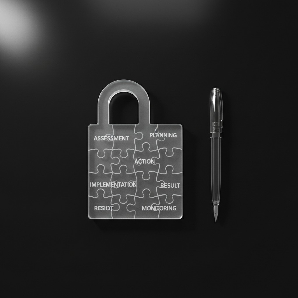 The image contains a transparent diagram that consists of 8 puzzle pieces inscribed around a lock's design. Both the word ...